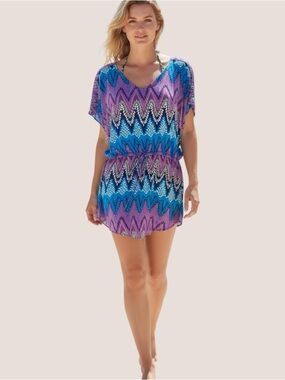 Gibson 100% Silk Cinched Waist Tunic Blouse Women’s S | Blue & Plum Floral Print